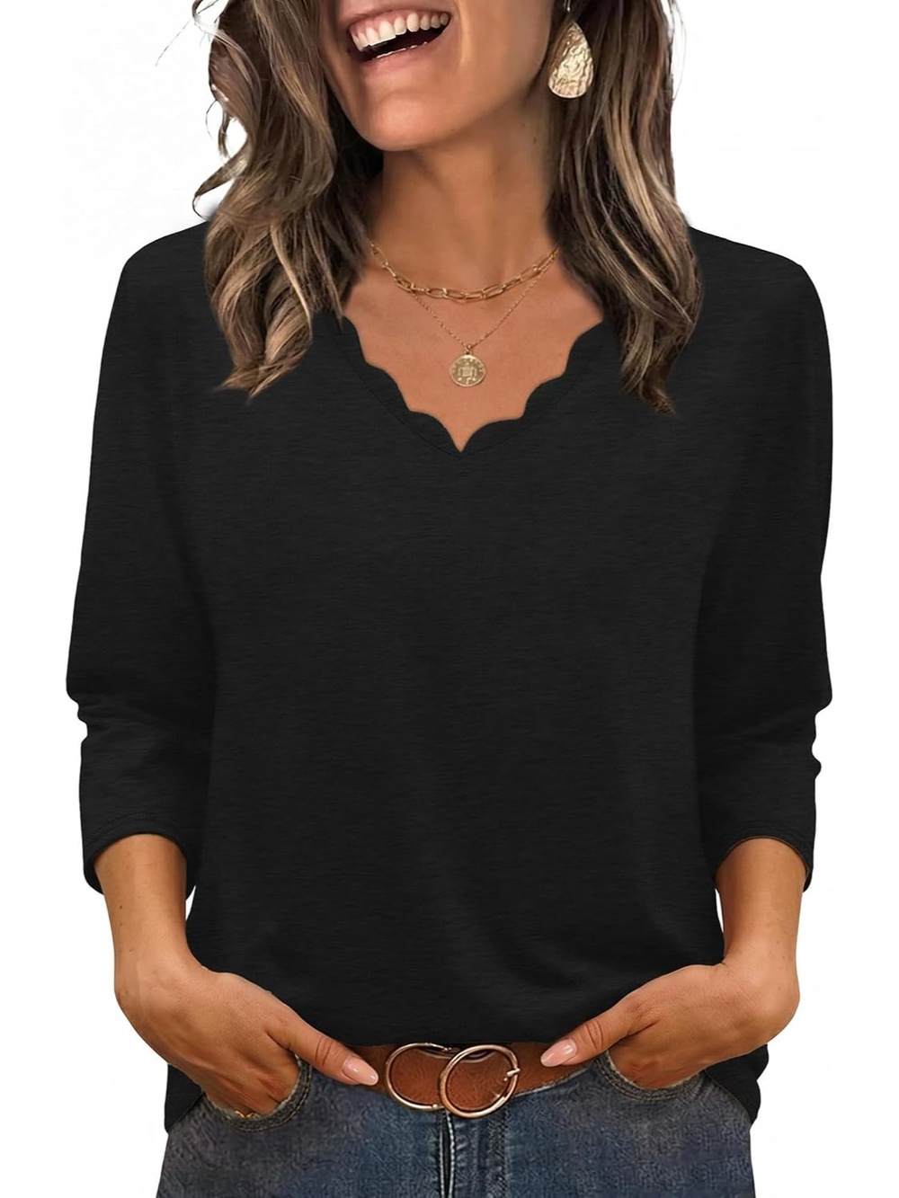 Women's Black Length Sleeve V Neck Shirts Dressy Casual Blouses Outfits Tops